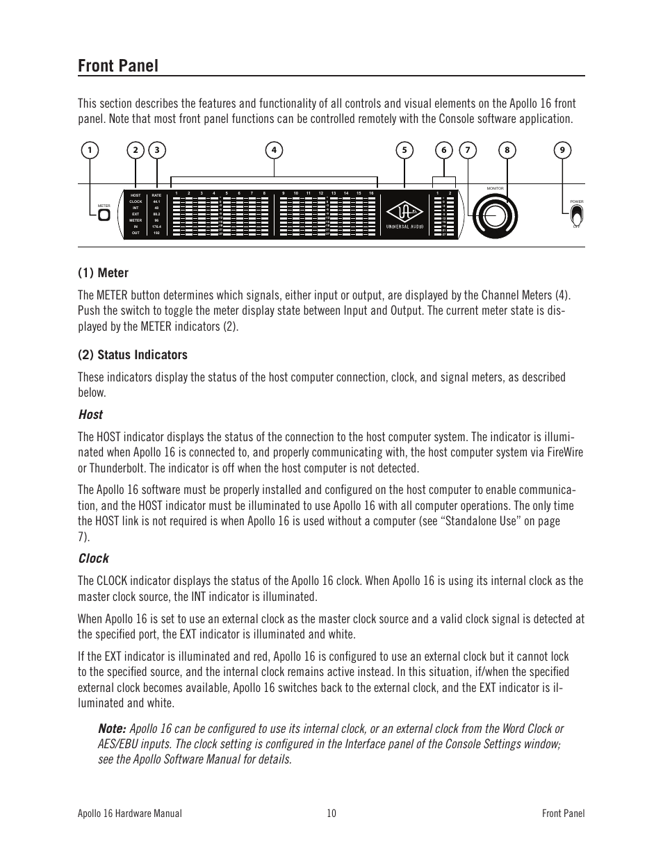 Front panel, Apollo 16 hardware manual front panel 10 | Universal Audio Apollo 16 User Manual | Page 10 / 42