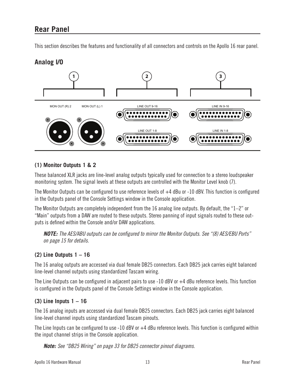 Rear panel, Analog i/o | Universal Audio Apollo 16 User Manual | Page 13 / 42