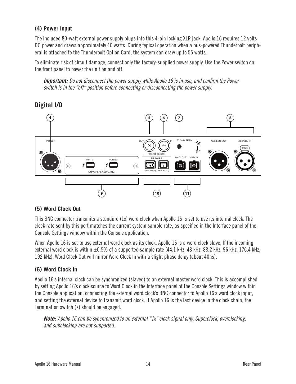 Digital i/o, Apollo 16 hardware manual rear panel 14 | Universal Audio Apollo 16 User Manual | Page 14 / 42
