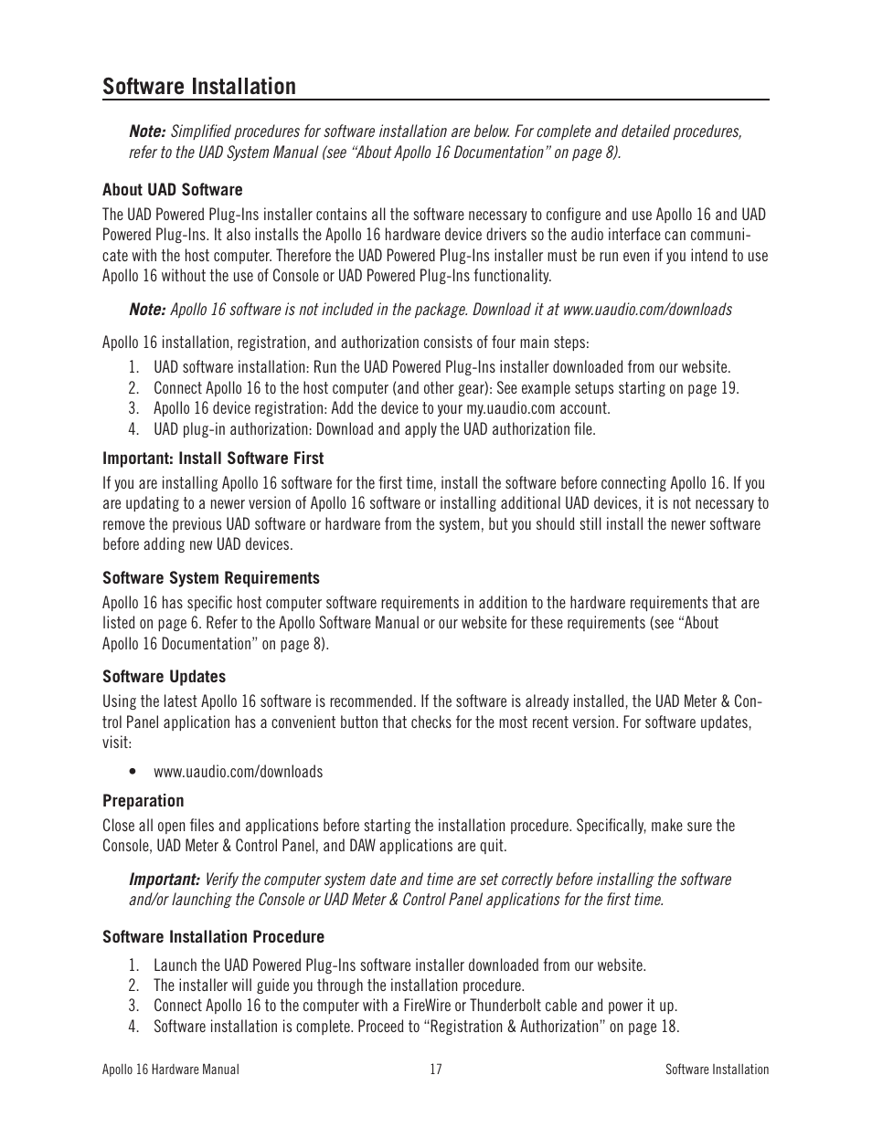 Software installation | Universal Audio Apollo 16 User Manual | Page 17 / 42