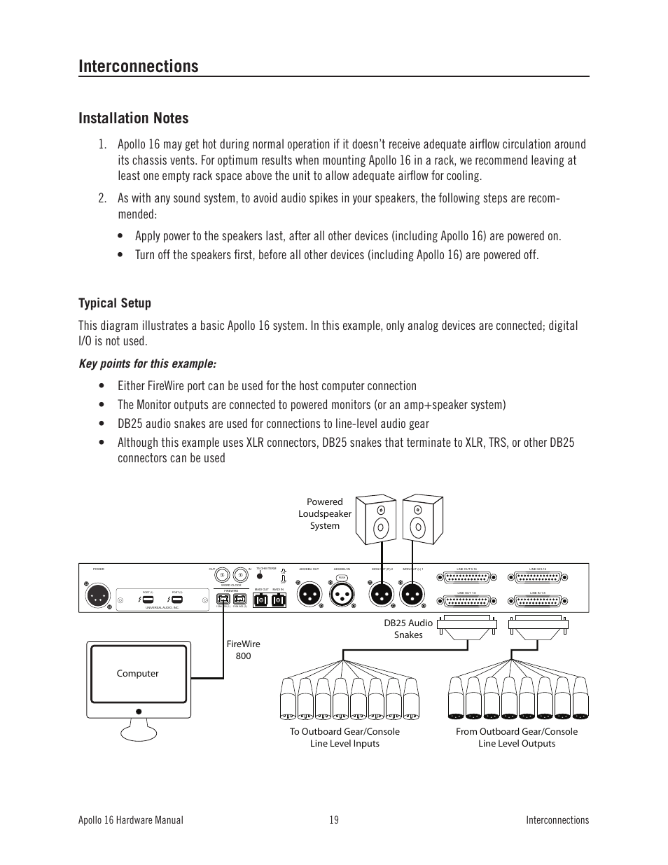 Interconnections, Key points for this example, Apollo 16 hardware manual interconnections 19 | Universal Audio Apollo 16 User Manual | Page 19 / 42