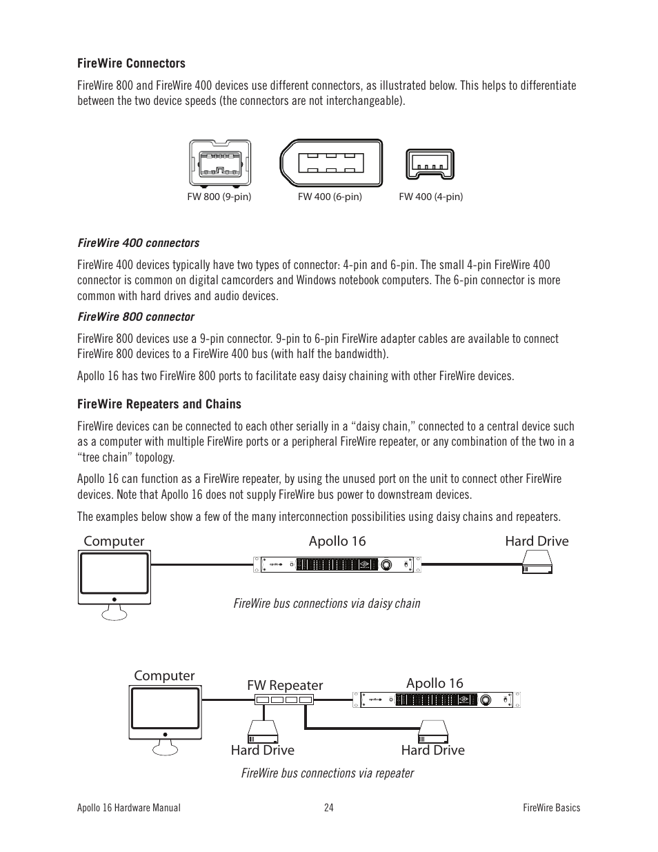 Hard drive computer apollo 16, Computer, Apollo 16 fw repeater hard drive hard drive | Fw800, Firewire bus connections via repeater, Firewire bus connections via daisy chain | Universal Audio Apollo 16 User Manual | Page 24 / 42