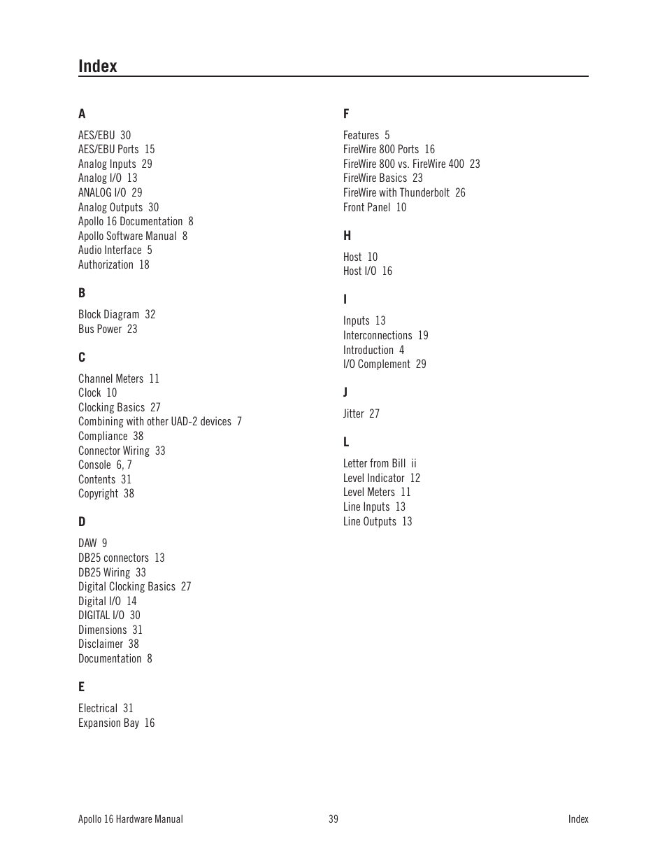 Index | Universal Audio Apollo 16 User Manual | Page 39 / 42
