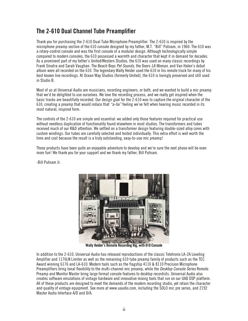 The 2-610 dual channel tube preamplifier | Universal Audio 2-610 Dual Channel User Manual | Page 2 / 15
