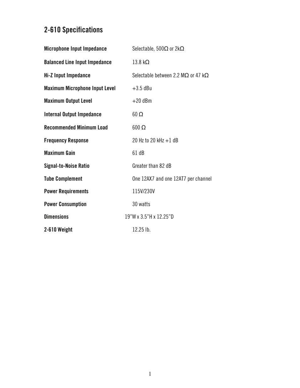 610 specifications | Universal Audio 2-610 Dual Channel User Manual | Page 6 / 15