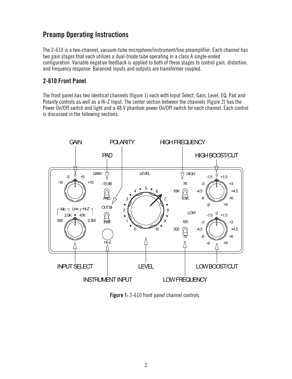 Preamp operating instructions, 610 front panel | Universal Audio 2-610 Dual Channel User Manual | Page 7 / 15