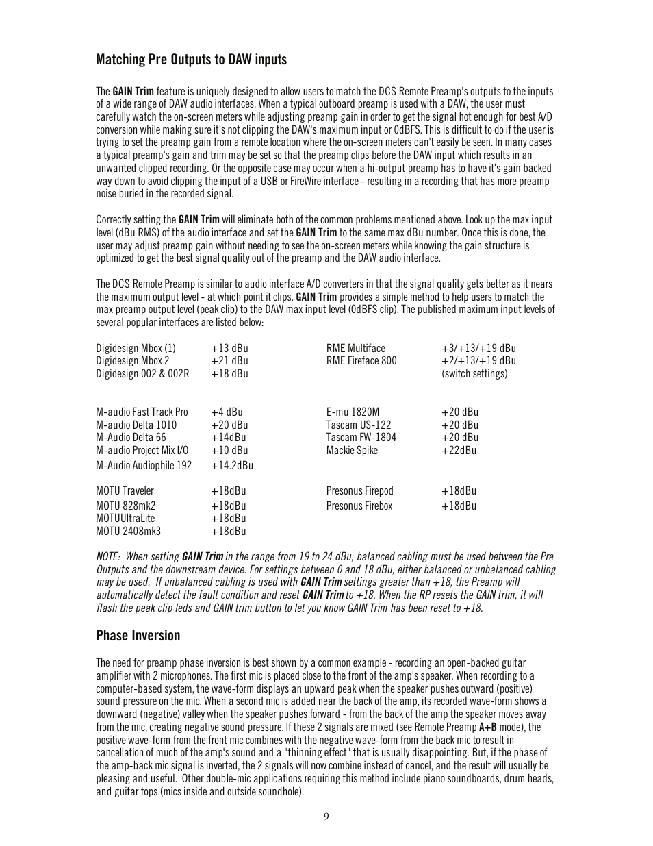 Matching pre outputs to daw inputs, Phase inversion | Universal Audio DCS-RP Manual User Manual | Page 14 / 19