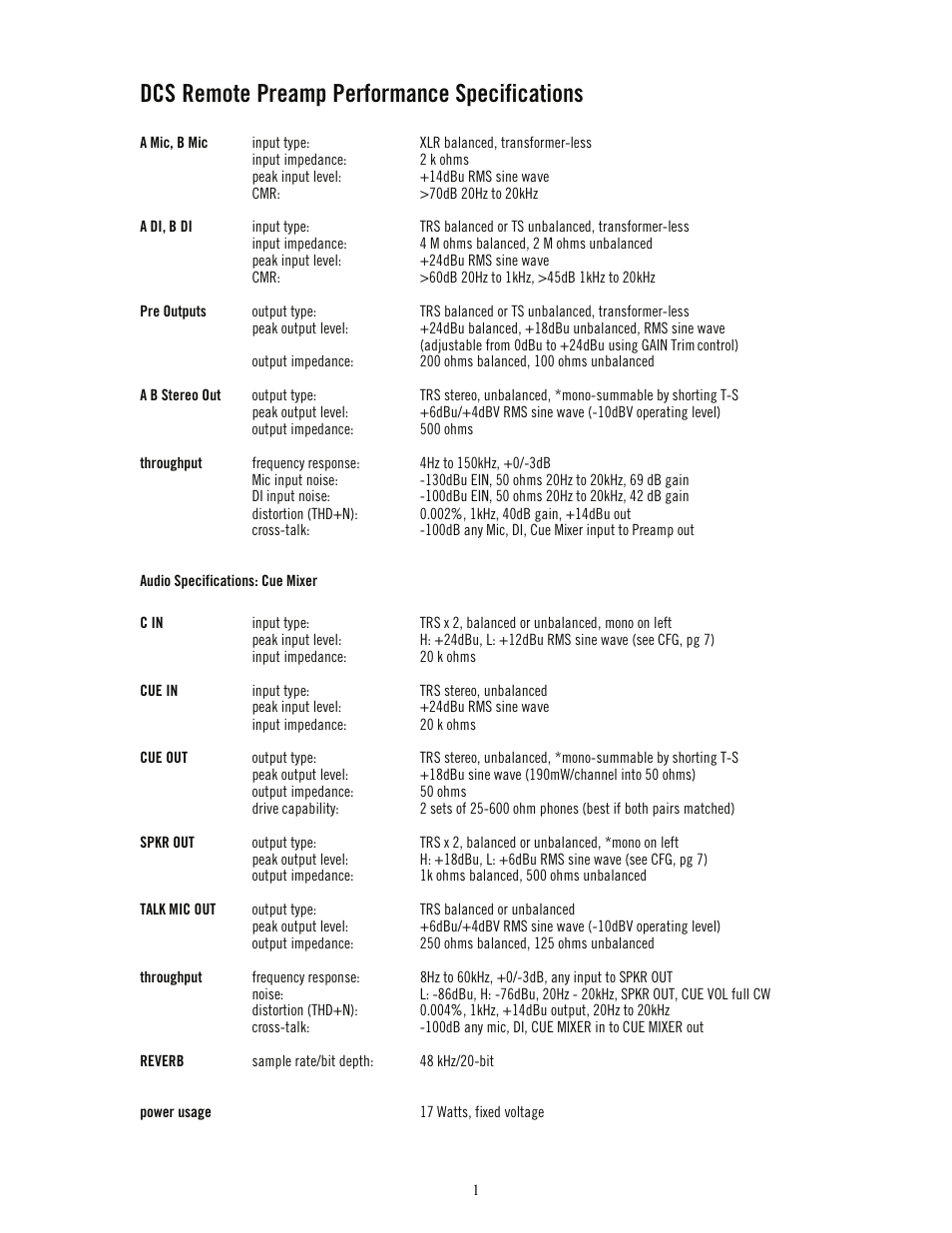 Dcs remote preamp performance specifications | Universal Audio DCS-RP Manual User Manual | Page 6 / 19