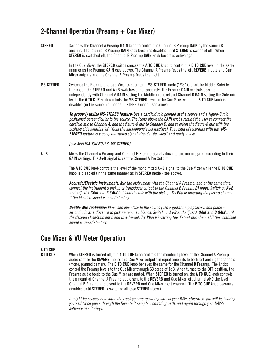 Channel operation (preamp + cue mixer), Cue mixer & vu meter operation | Universal Audio DCS-RP Manual User Manual | Page 9 / 19