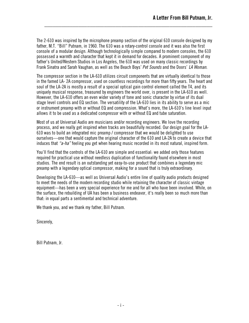 A letter from bill putnam, jr | Universal Audio LA-610 Mk II User Manual | Page 3 / 37