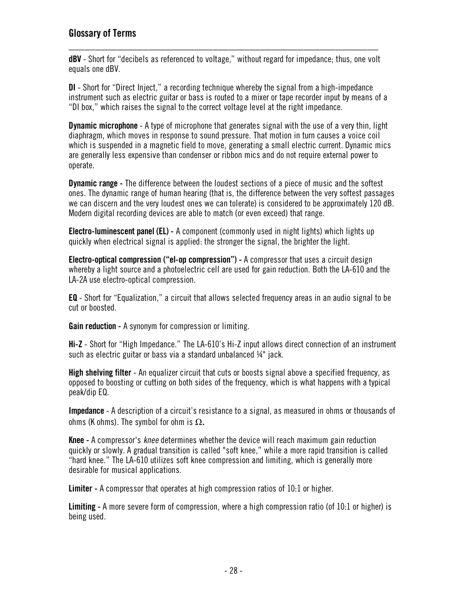 Glossary of terms | Universal Audio LA-610 Mk II User Manual | Page 32 / 37