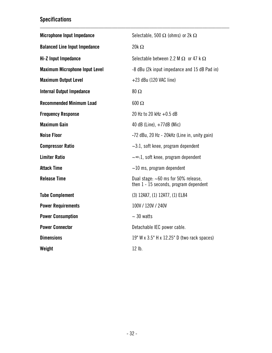 Specifications | Universal Audio LA-610 Mk II User Manual | Page 36 / 37