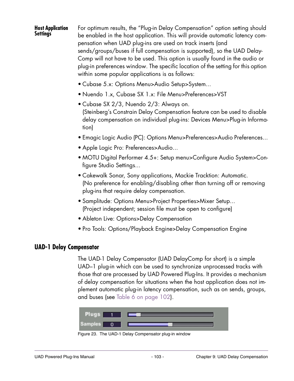 Host application settings, Uad-1 delay compensator, Use the uad-1 delay compensator plug-in | Uad-1 delay compensator” on | Universal Audio UAD POWERED PLUG-INS ver.6.1 User Manual | Page 103 / 585