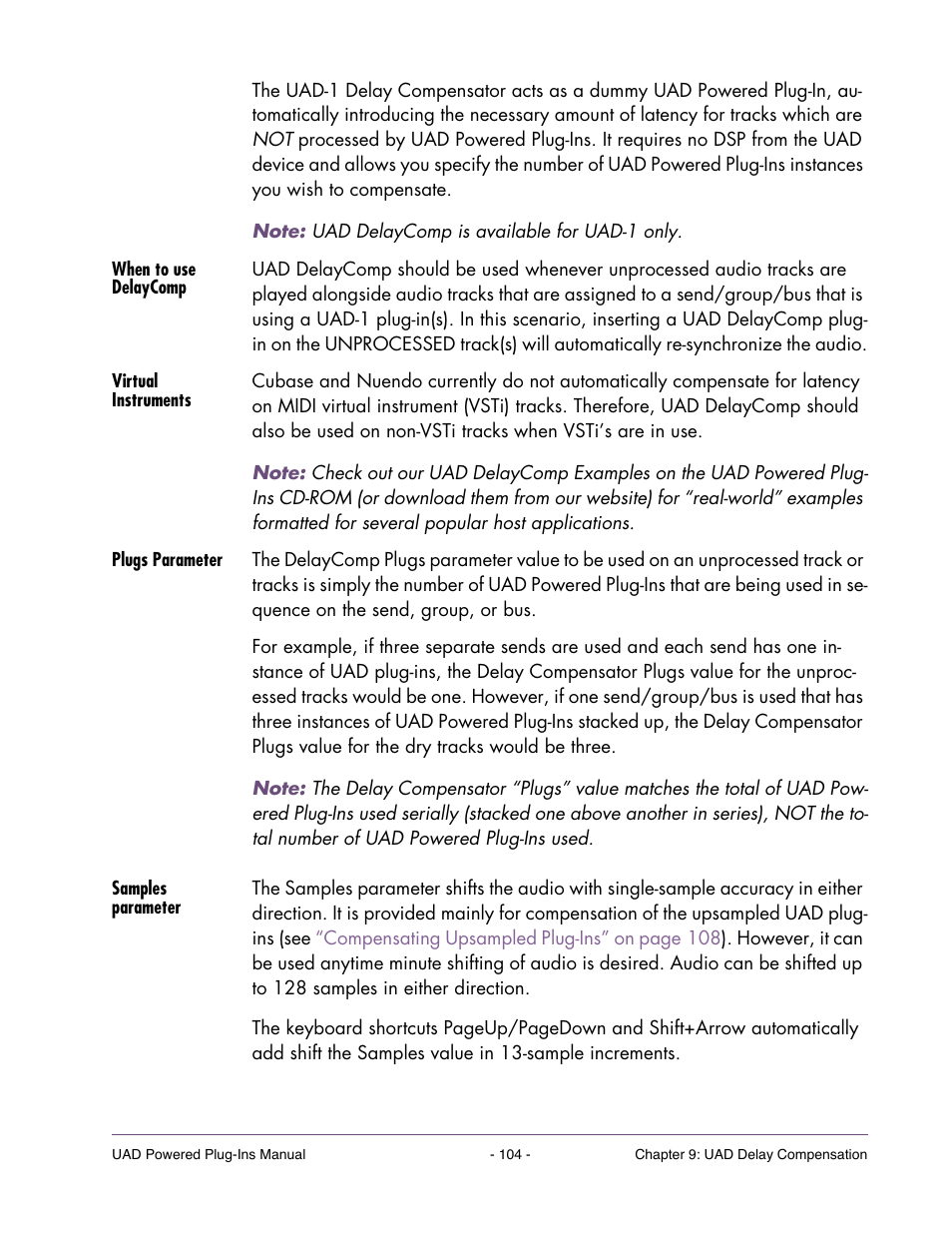 When to use delaycomp, Virtual instruments, Plugs parameter | Samples parameter | Universal Audio UAD POWERED PLUG-INS ver.6.1 User Manual | Page 104 / 585