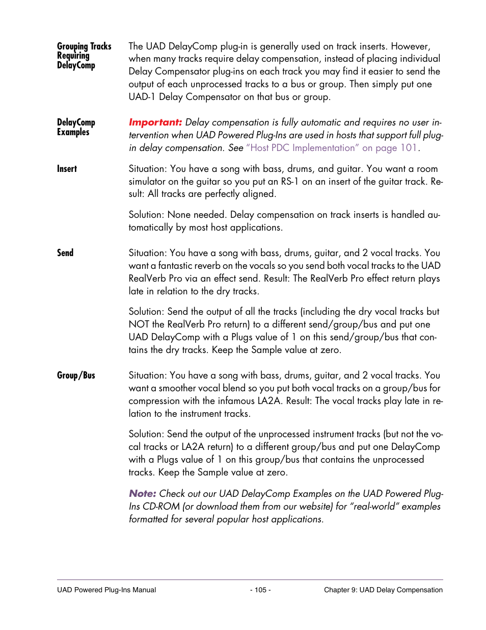 Grouping tracks requiring delaycomp, Delaycomp examples, Insert | Send, Group/bus | Universal Audio UAD POWERED PLUG-INS ver.6.1 User Manual | Page 105 / 585