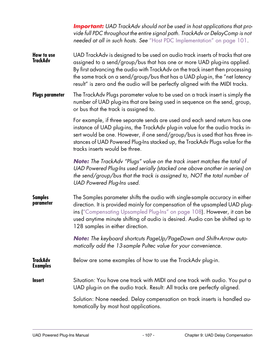 How to use trackadv, Plugs parameter, Samples parameter | Trackadv examples, Insert | Universal Audio UAD POWERED PLUG-INS ver.6.1 User Manual | Page 107 / 585