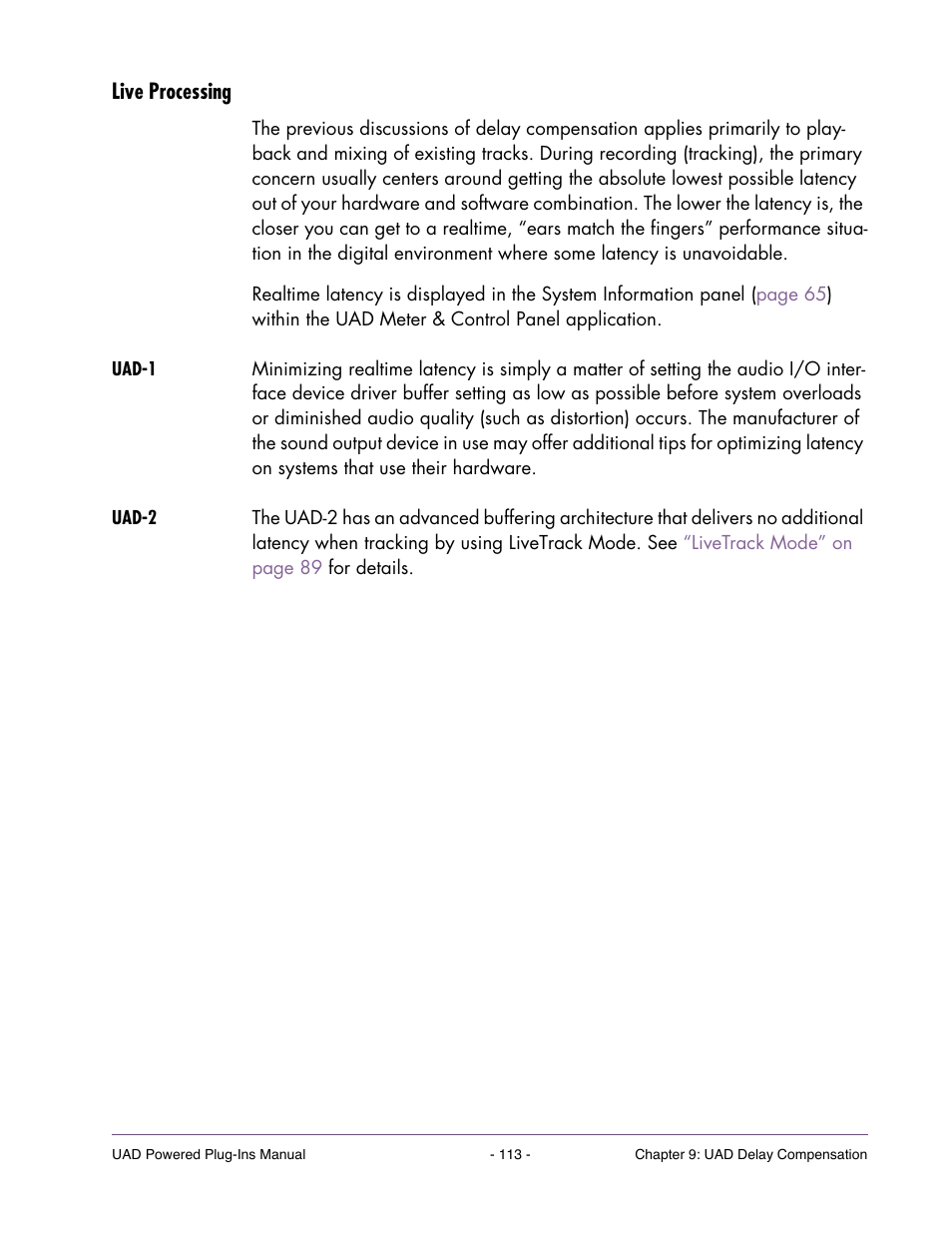 Live processing, Uad-1, Uad-2 | And during recording, see, Multaneously running midi tracks, see, Rack advance, As well | Universal Audio UAD POWERED PLUG-INS ver.6.1 User Manual | Page 113 / 585