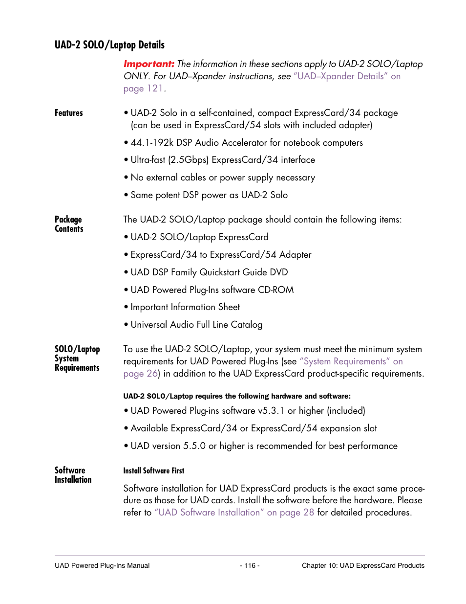 Uad-2 solo/laptop details, Features, Package contents | Solo/laptop system requirements, Software installation | Universal Audio UAD POWERED PLUG-INS ver.6.1 User Manual | Page 116 / 585