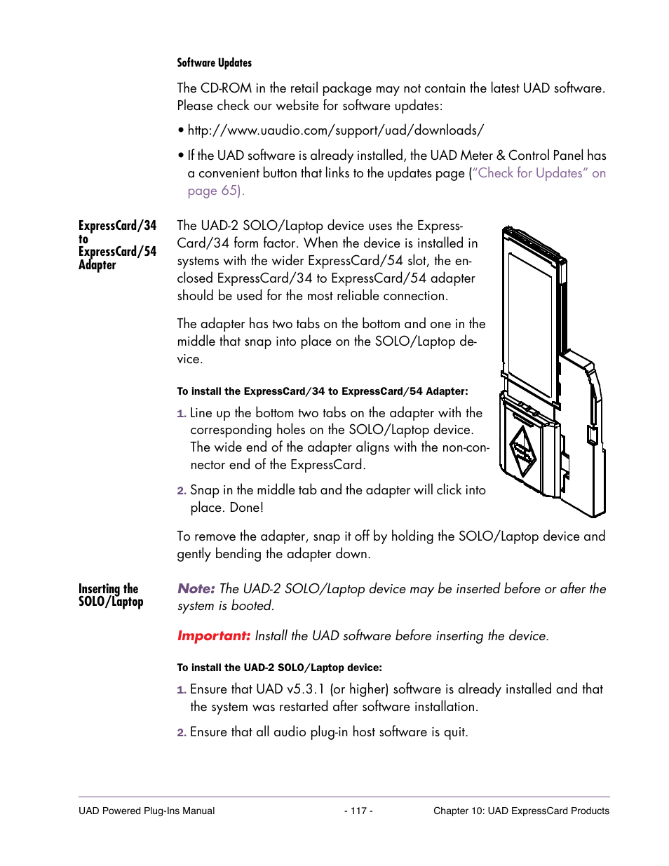 Expresscard/34 to expresscard/54 adapter, Inserting the solo/laptop | Universal Audio UAD POWERED PLUG-INS ver.6.1 User Manual | Page 117 / 585