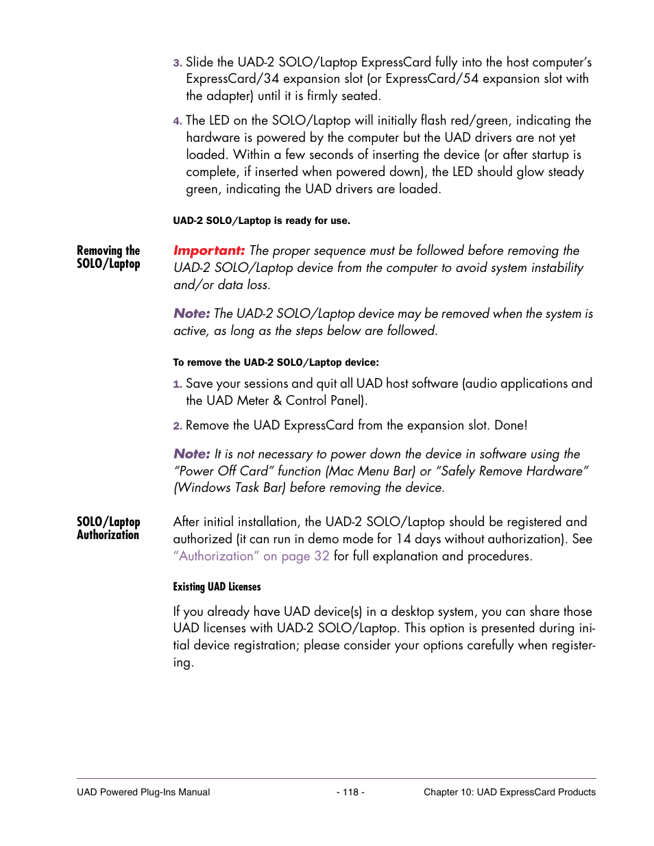 Removing the solo/laptop, Solo/laptop authorization | Universal Audio UAD POWERED PLUG-INS ver.6.1 User Manual | Page 118 / 585