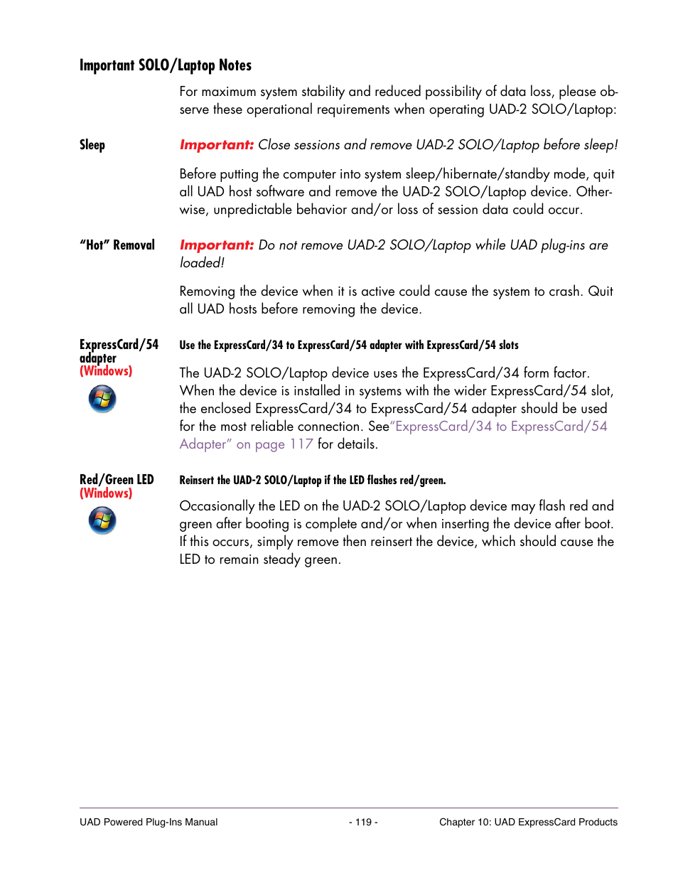 Important solo/laptop notes, Sleep, Hot” removal | Expresscard/54 adapter (windows), Red/green led (windows) | Universal Audio UAD POWERED PLUG-INS ver.6.1 User Manual | Page 119 / 585