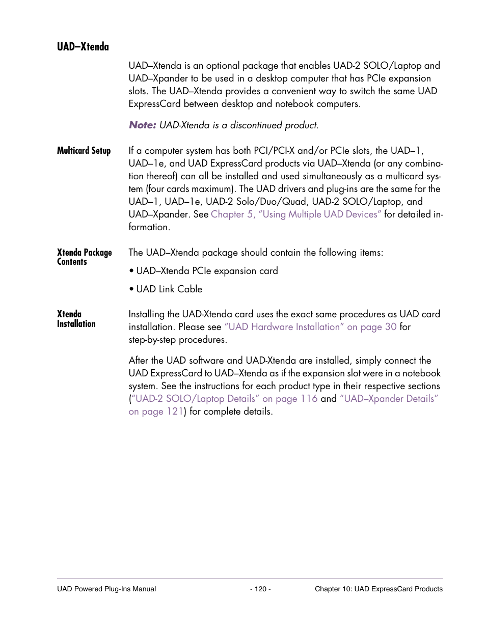 Uad–xtenda, Multicard setup, Xtenda package contents | Xtenda installation, Uad–xtenda information can be found on | Universal Audio UAD POWERED PLUG-INS ver.6.1 User Manual | Page 120 / 585