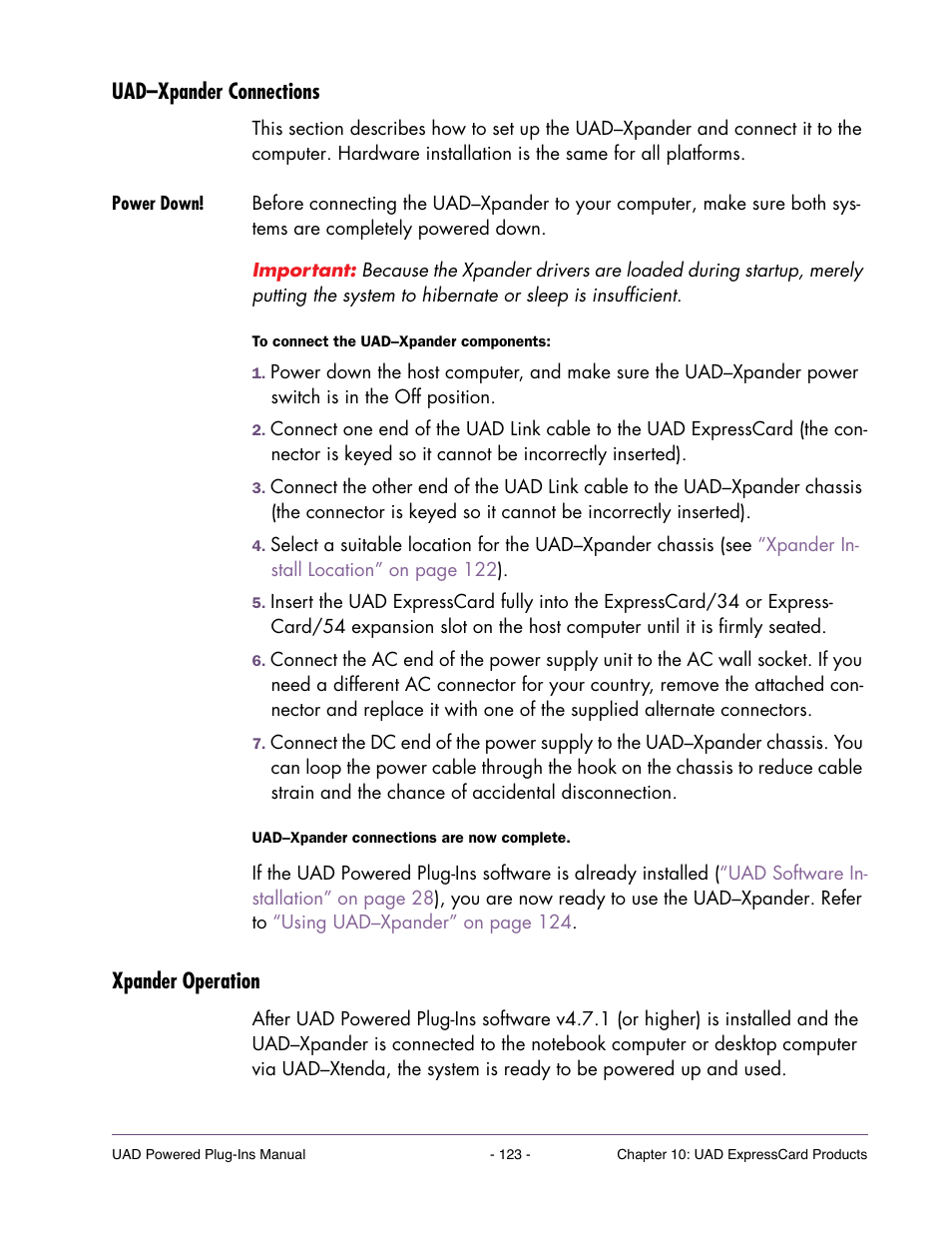 Uad–xpander connections, Power down, Xpander operation | Universal Audio UAD POWERED PLUG-INS ver.6.1 User Manual | Page 123 / 585