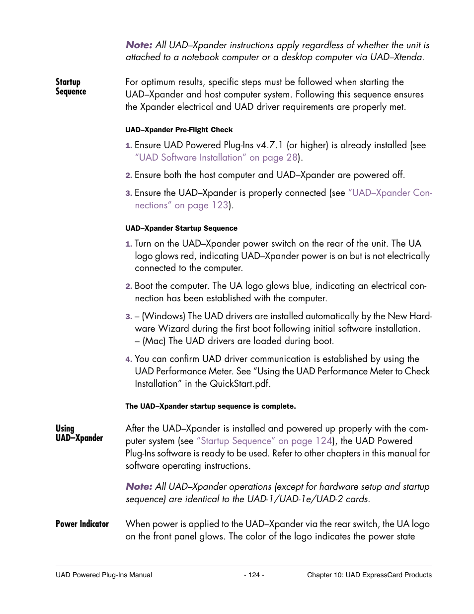 Startup sequence, Using uad–xpander, Power indicator | Universal Audio UAD POWERED PLUG-INS ver.6.1 User Manual | Page 124 / 585