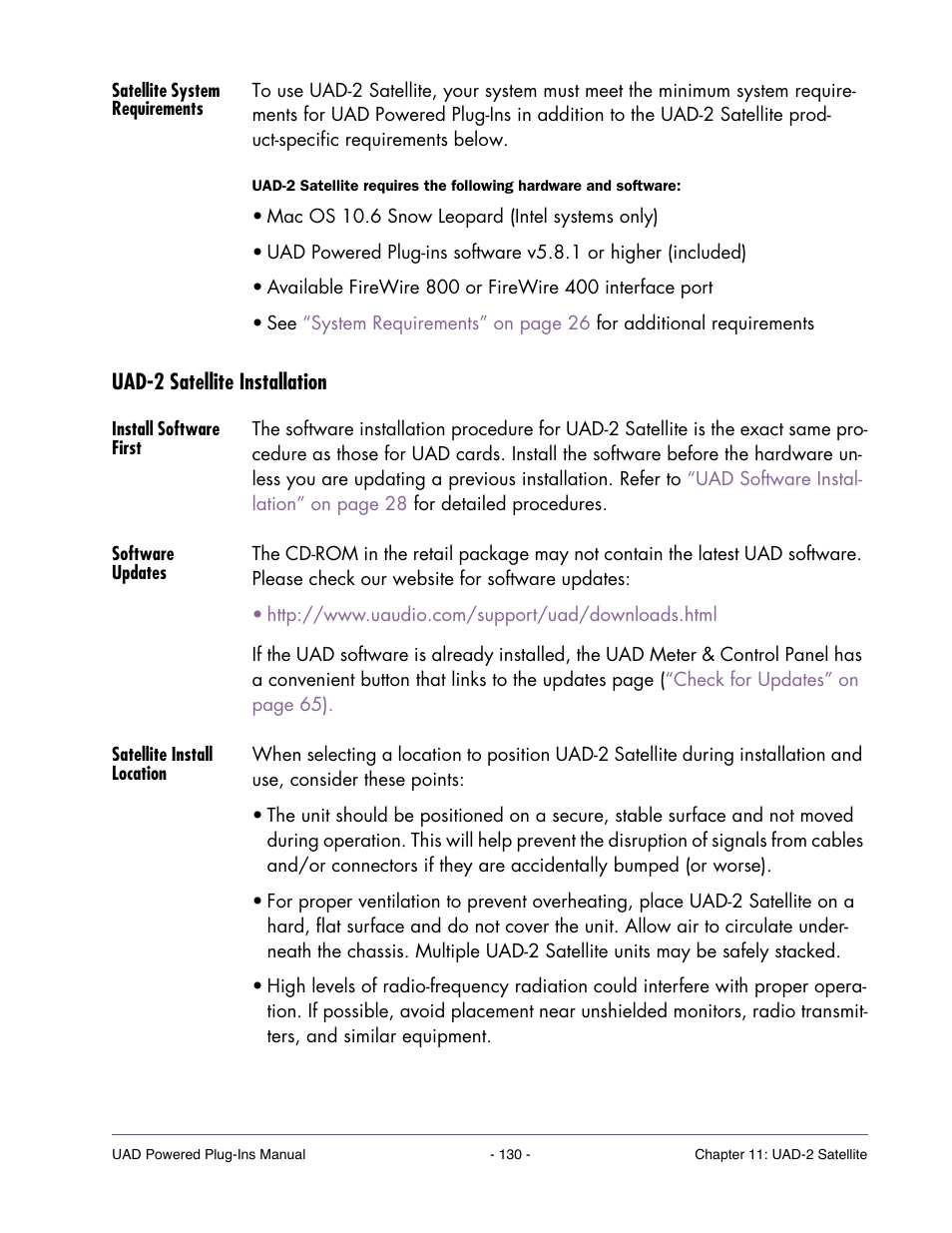 Satellite system requirements, Uad-2 satellite installation, Install software first | Software updates, Satellite install location, Uad-2 sat, Ellite installation, Section beginning on | Universal Audio UAD POWERED PLUG-INS ver.6.1 User Manual | Page 130 / 585