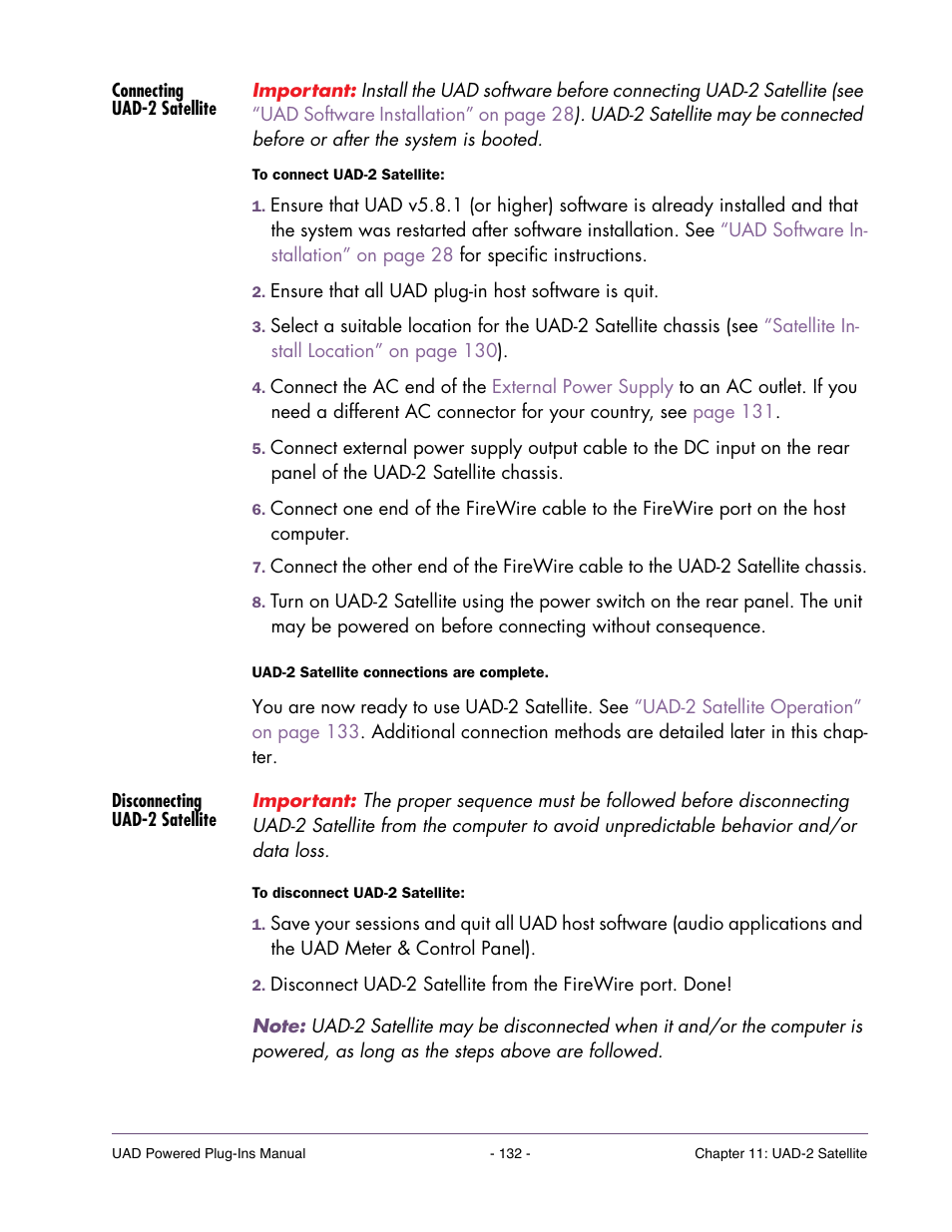 Connecting uad-2 satellite, Disconnecting uad-2 satellite | Universal Audio UAD POWERED PLUG-INS ver.6.1 User Manual | Page 132 / 585