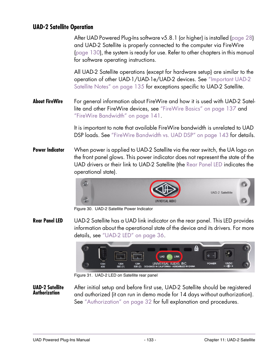 Uad-2 satellite operation, About firewire, Power indicator | Rear panel led, Uad-2 satellite authorization | Universal Audio UAD POWERED PLUG-INS ver.6.1 User Manual | Page 133 / 585