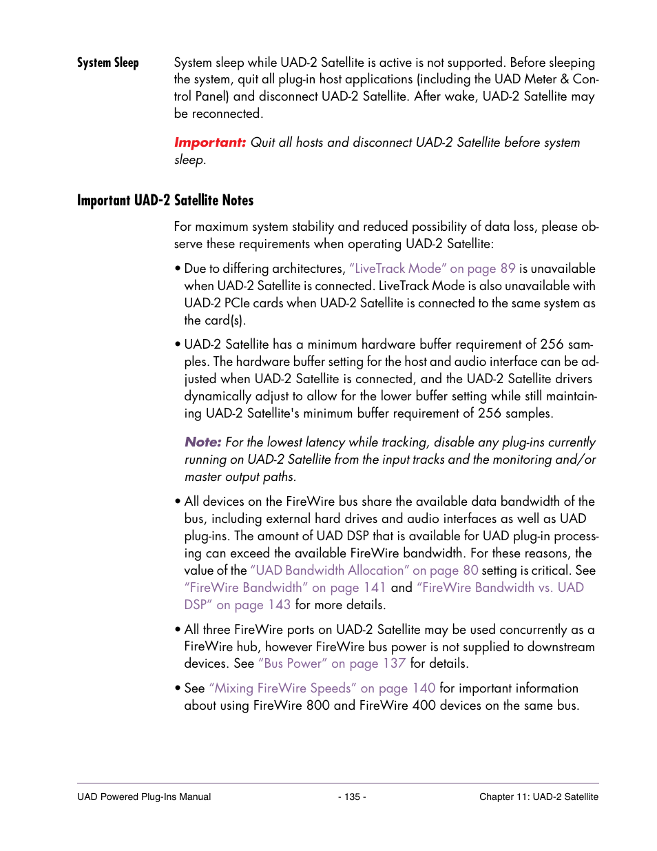 System sleep, Important uad-2 satellite notes, Important uad-2 | For exceptions specific to uad-2 satellite | Universal Audio UAD POWERED PLUG-INS ver.6.1 User Manual | Page 135 / 585