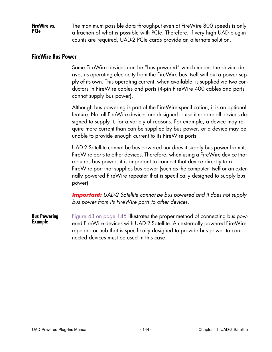 Firewire vs. pcie, Firewire bus power, Bus powering example | Ply of its own. see, For details | Universal Audio UAD POWERED PLUG-INS ver.6.1 User Manual | Page 144 / 585