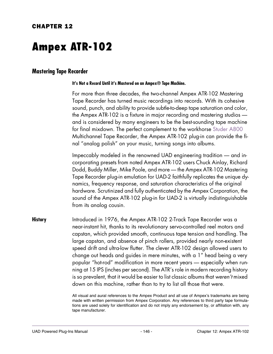 Ampex atr-102, Mastering tape recorder, History | Chapter 12. ampex atr-102 | Universal Audio UAD POWERED PLUG-INS ver.6.1 User Manual | Page 146 / 585