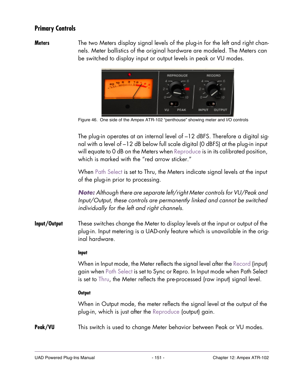 Primary controls, Meters, Input/output | Peak/vu | Universal Audio UAD POWERED PLUG-INS ver.6.1 User Manual | Page 151 / 585