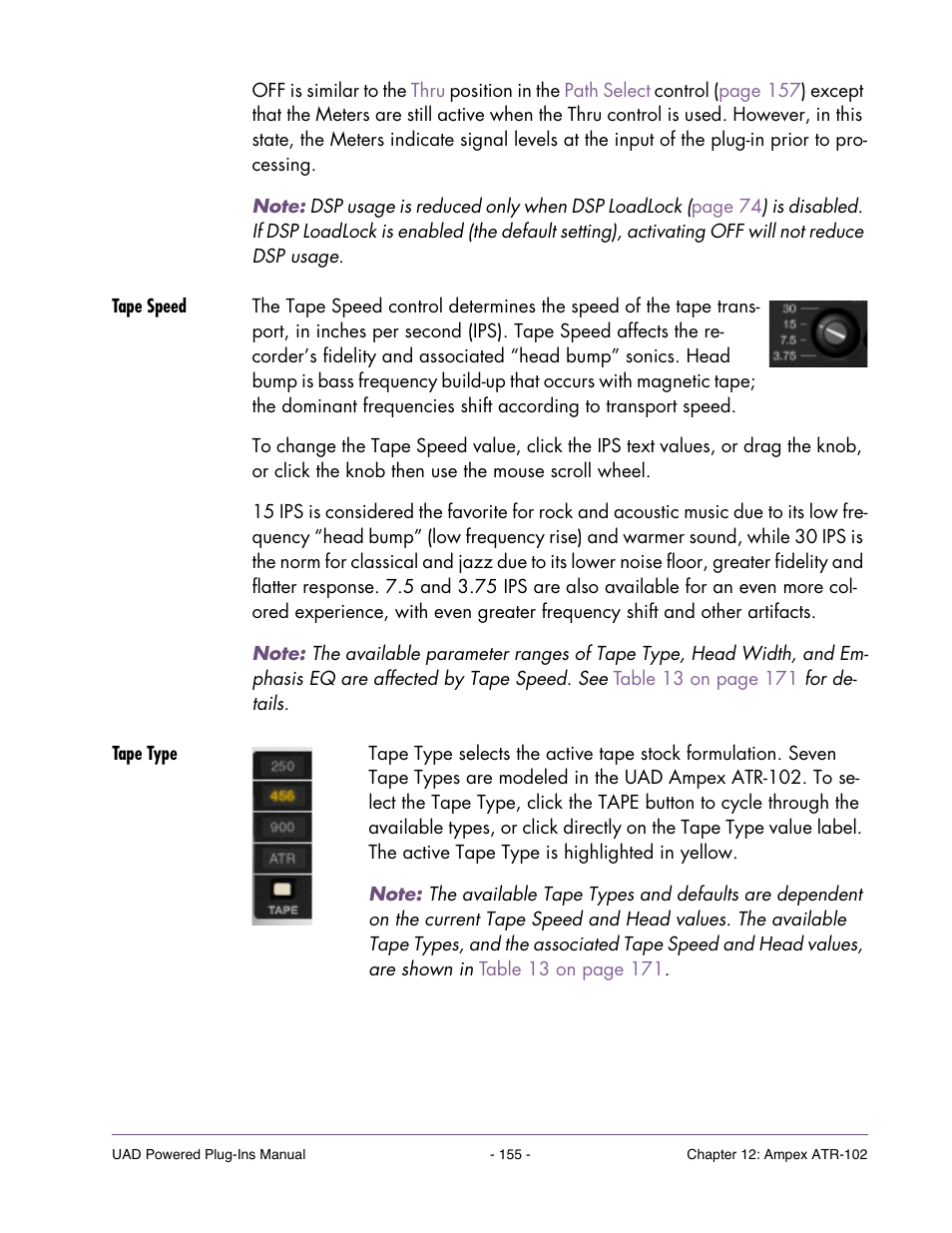 Tape speed, Tape type, Set up the plug-in by first adjusting | Universal Audio UAD POWERED PLUG-INS ver.6.1 User Manual | Page 155 / 585