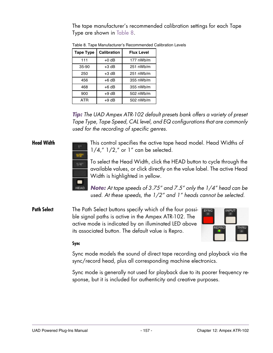 Head width, Path select, When | Gain when, Control, Except, Table 8 | Universal Audio UAD POWERED PLUG-INS ver.6.1 User Manual | Page 157 / 585