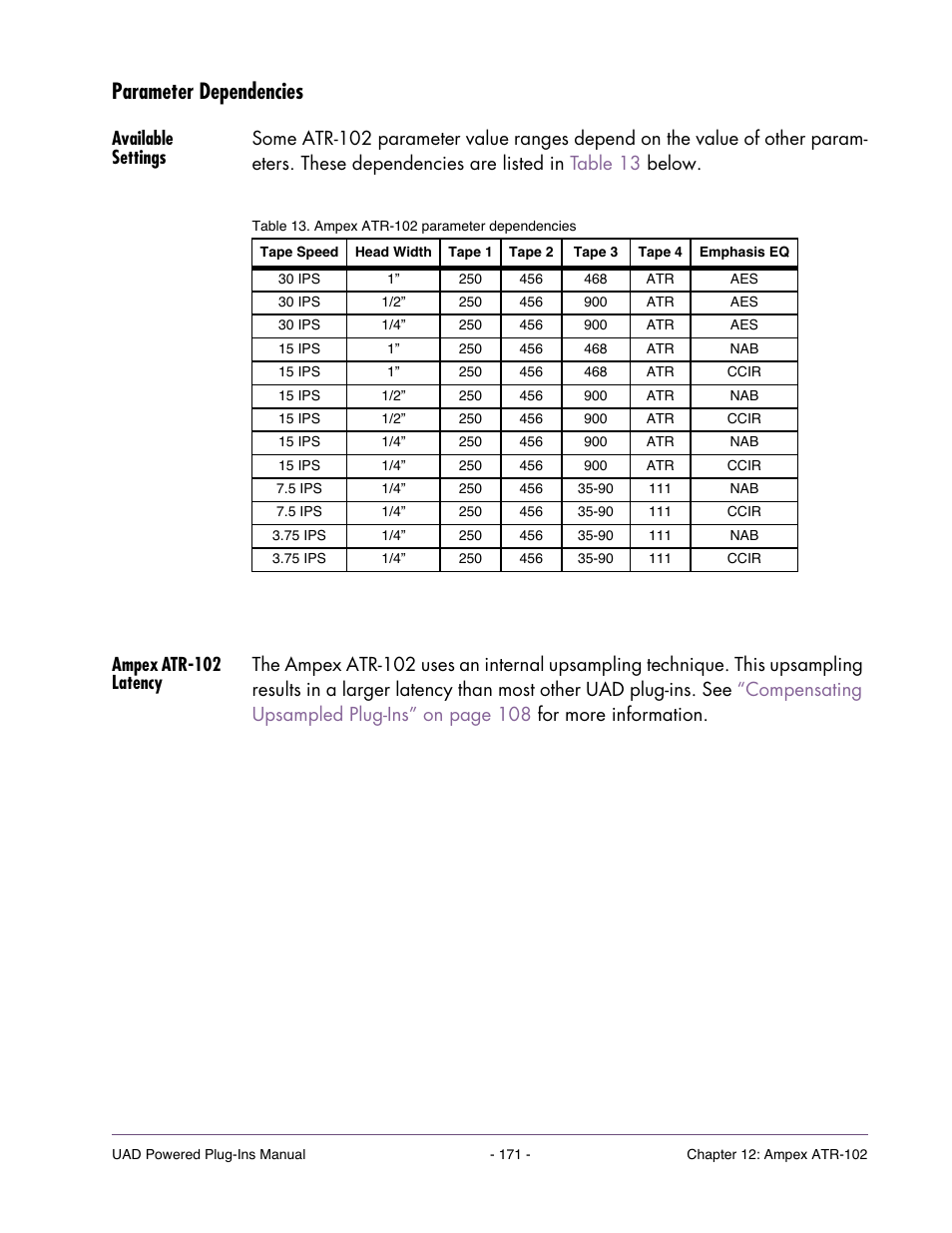 Parameter dependencies, Available settings, Ampex atr-102 latency | Phasis eq are affected by tape speed. see, Are shown in | Universal Audio UAD POWERED PLUG-INS ver.6.1 User Manual | Page 171 / 585