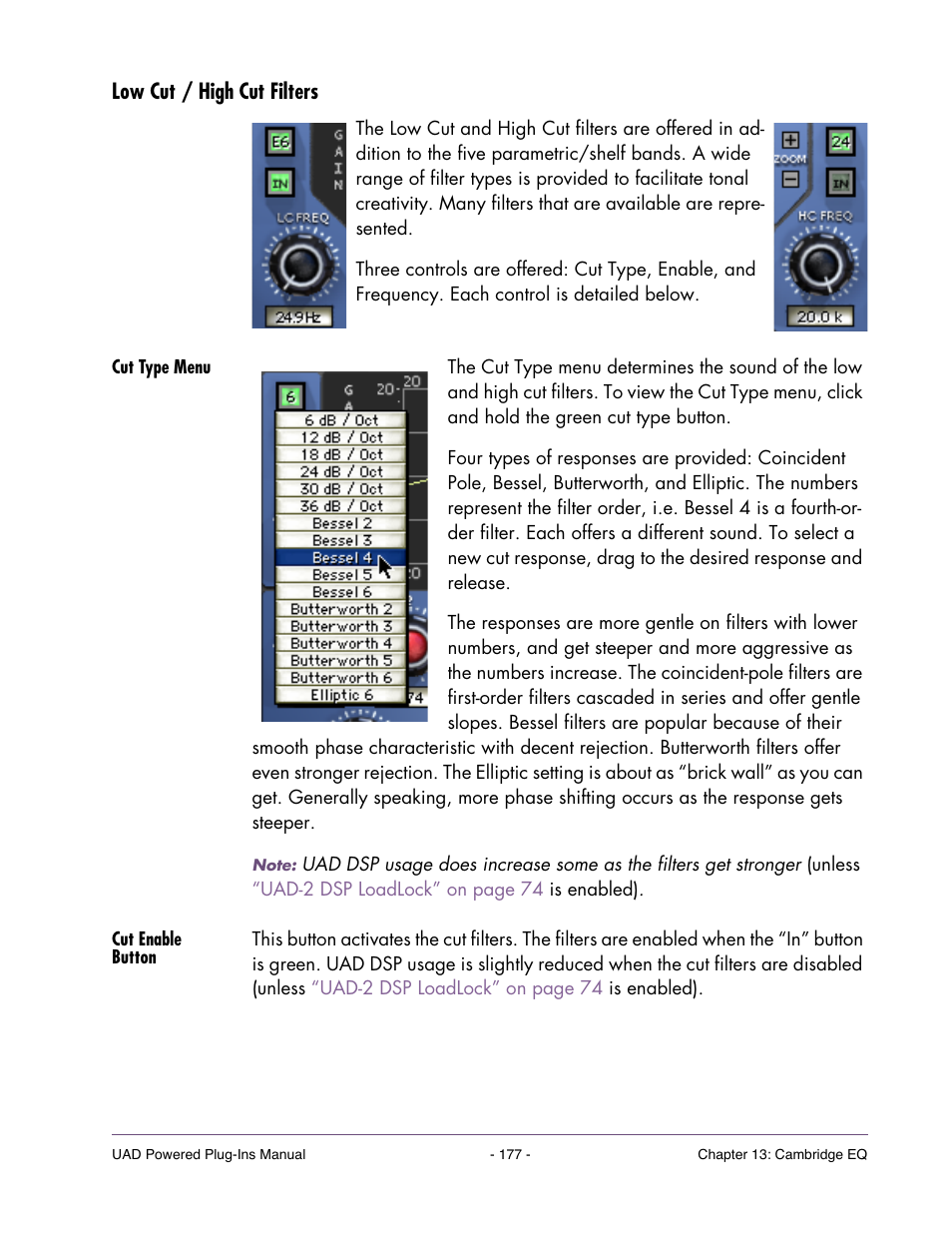 Low cut / high cut filters, Cut type menu, Cut enable button | Universal Audio UAD POWERED PLUG-INS ver.6.1 User Manual | Page 177 / 585