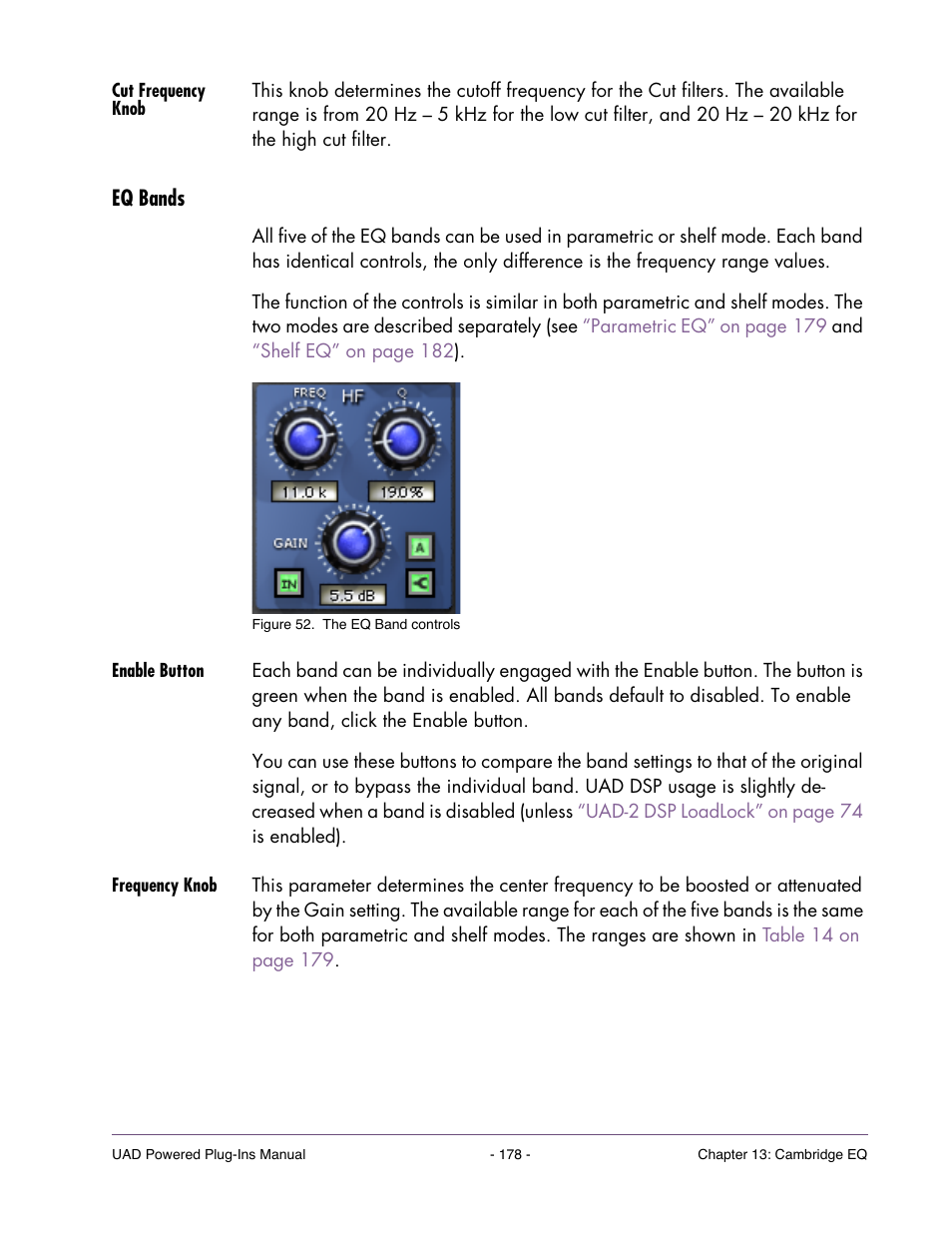 Cut frequency knob, Eq bands, Enable button | Frequency knob | Universal Audio UAD POWERED PLUG-INS ver.6.1 User Manual | Page 178 / 585