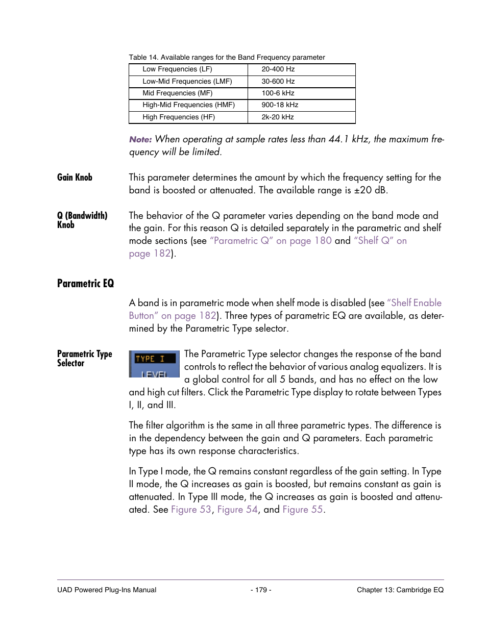 Gain knob, Q (bandwidth) knob, Parametric eq | Parametric type selector, Two modes are described separately (see, Table 14 on | Universal Audio UAD POWERED PLUG-INS ver.6.1 User Manual | Page 179 / 585