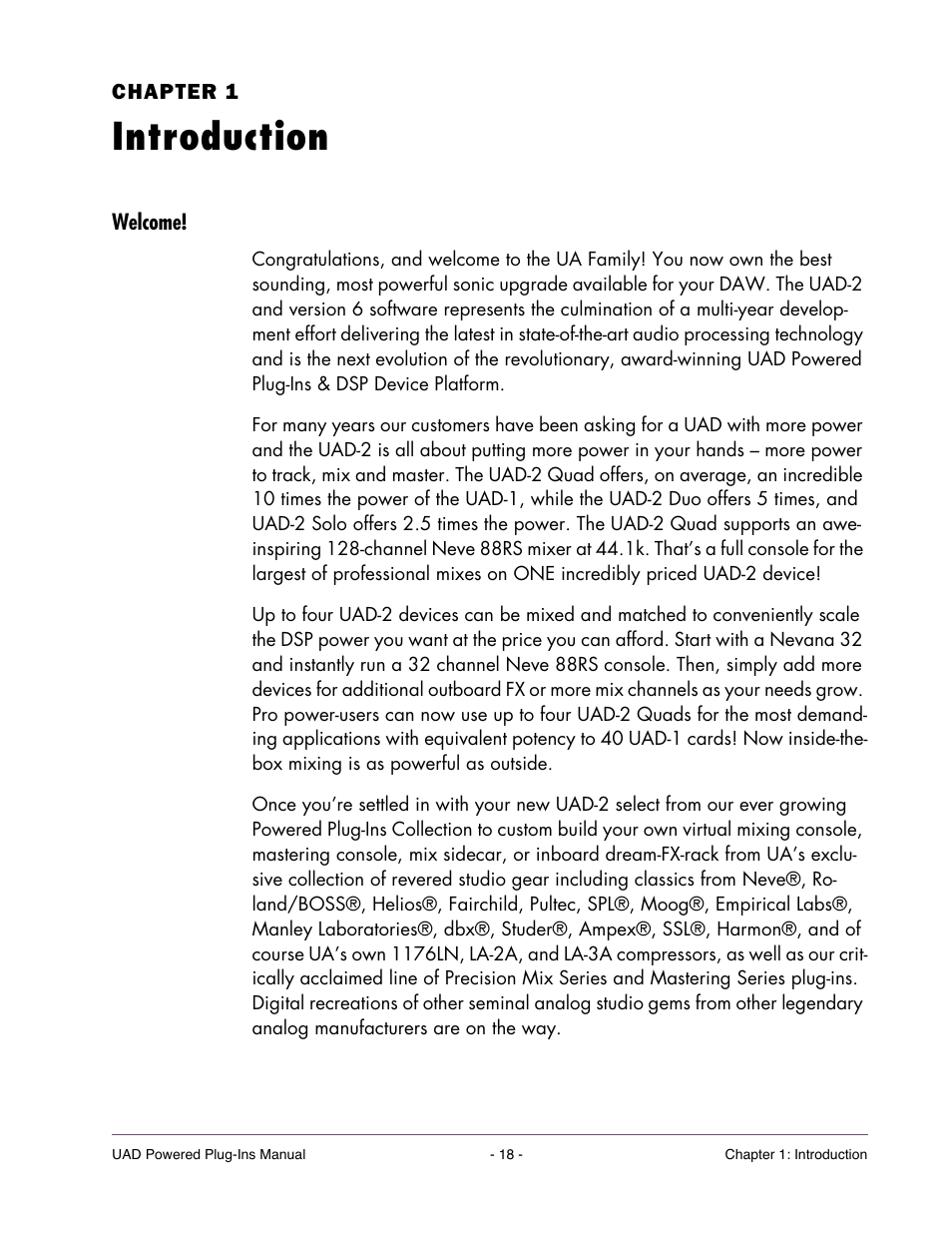 Introduction, Welcome, Chapter 1. introduction | Universal Audio UAD POWERED PLUG-INS ver.6.1 User Manual | Page 18 / 585