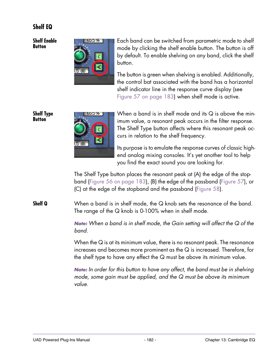 Shelf eq, Shelf enable button, Shelf type button | Shelf q, Shelf q” on, Shelf enable | Universal Audio UAD POWERED PLUG-INS ver.6.1 User Manual | Page 182 / 585