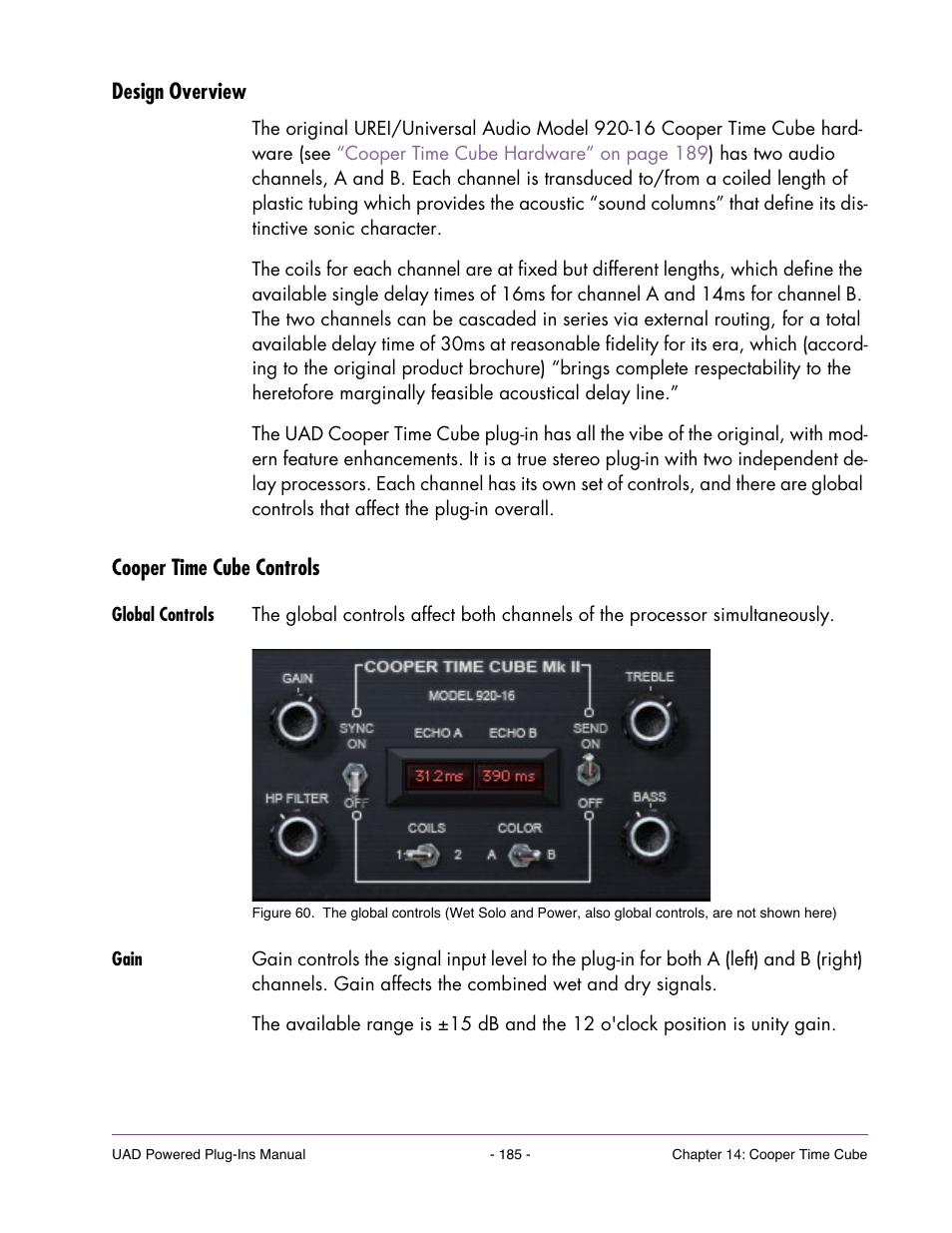 Design overview, Cooper time cube controls, Global controls | Gain | Universal Audio UAD POWERED PLUG-INS ver.6.1 User Manual | Page 185 / 585