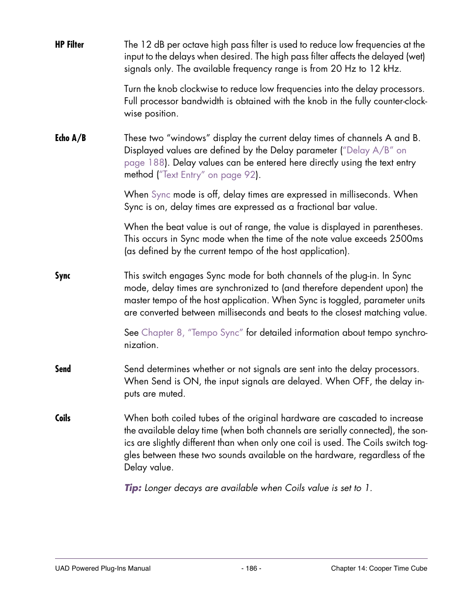 Hp filter, Echo a/b, Sync | Send, Coils | Universal Audio UAD POWERED PLUG-INS ver.6.1 User Manual | Page 186 / 585