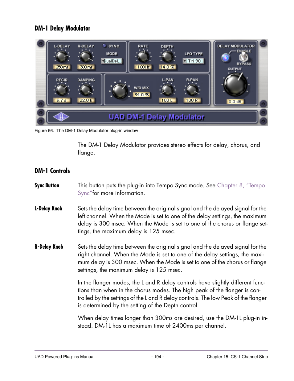 Dm-1 delay modulator, Dm-1 controls, Sync button | L-delay knob, R-delay knob | Universal Audio UAD POWERED PLUG-INS ver.6.1 User Manual | Page 194 / 585