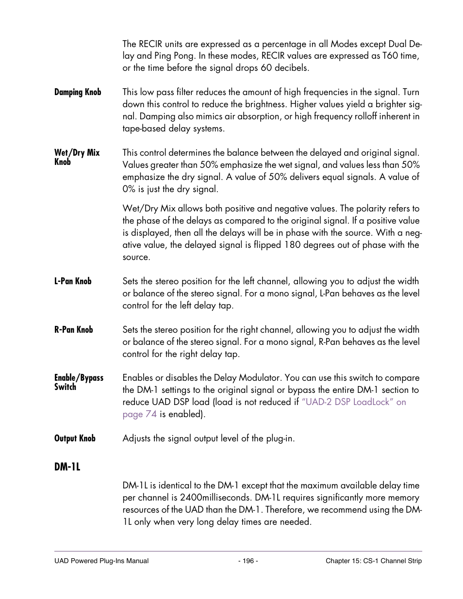 Damping knob, Wet/dry mix knob, L-pan knob | R-pan knob, Enable/bypass switch, Output knob, Dm-1l | Universal Audio UAD POWERED PLUG-INS ver.6.1 User Manual | Page 196 / 585