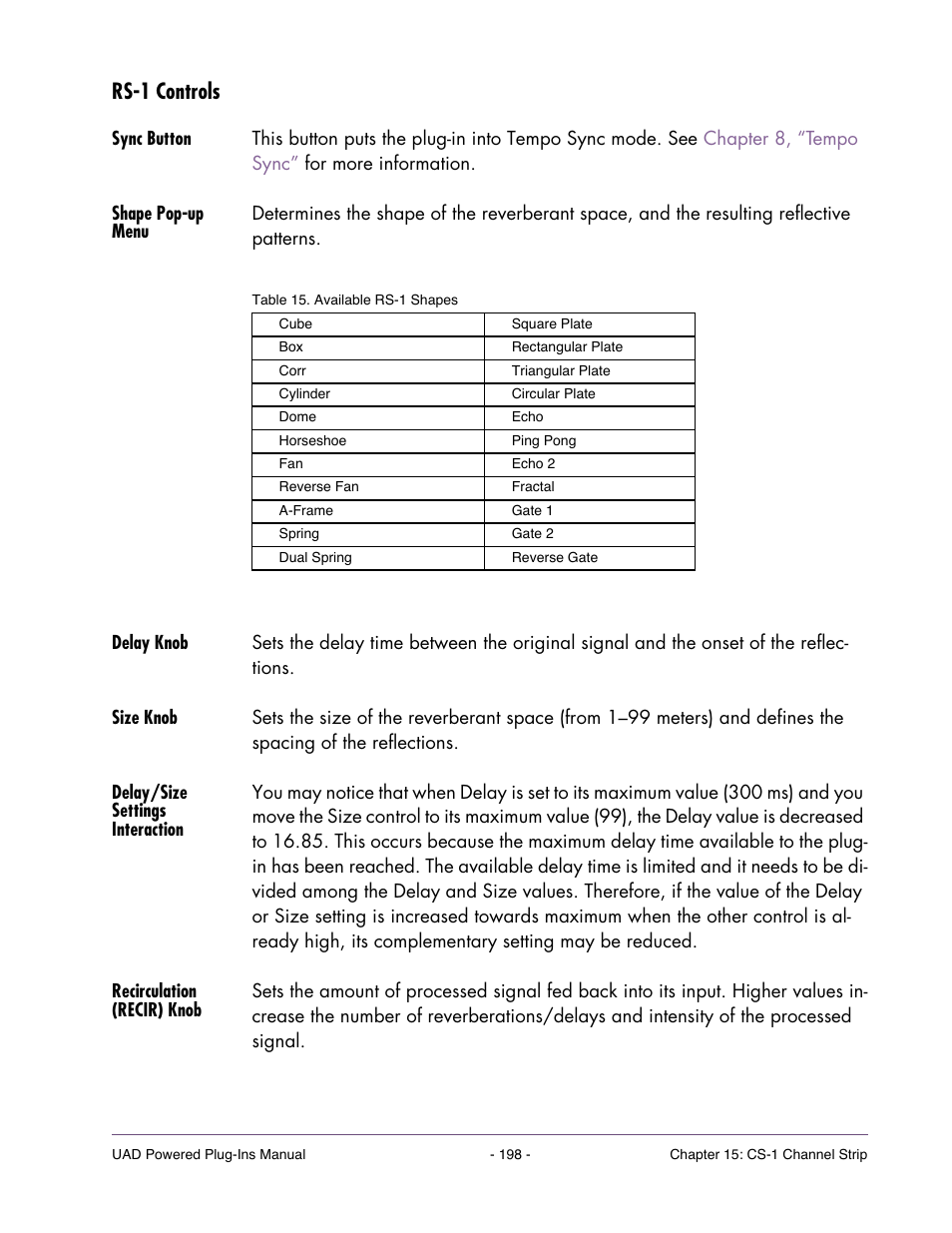 Rs-1 controls, Sync button, Shape pop-up menu | Delay knob, Size knob, Delay/size settings interaction, Recirculation (recir) knob | Universal Audio UAD POWERED PLUG-INS ver.6.1 User Manual | Page 198 / 585