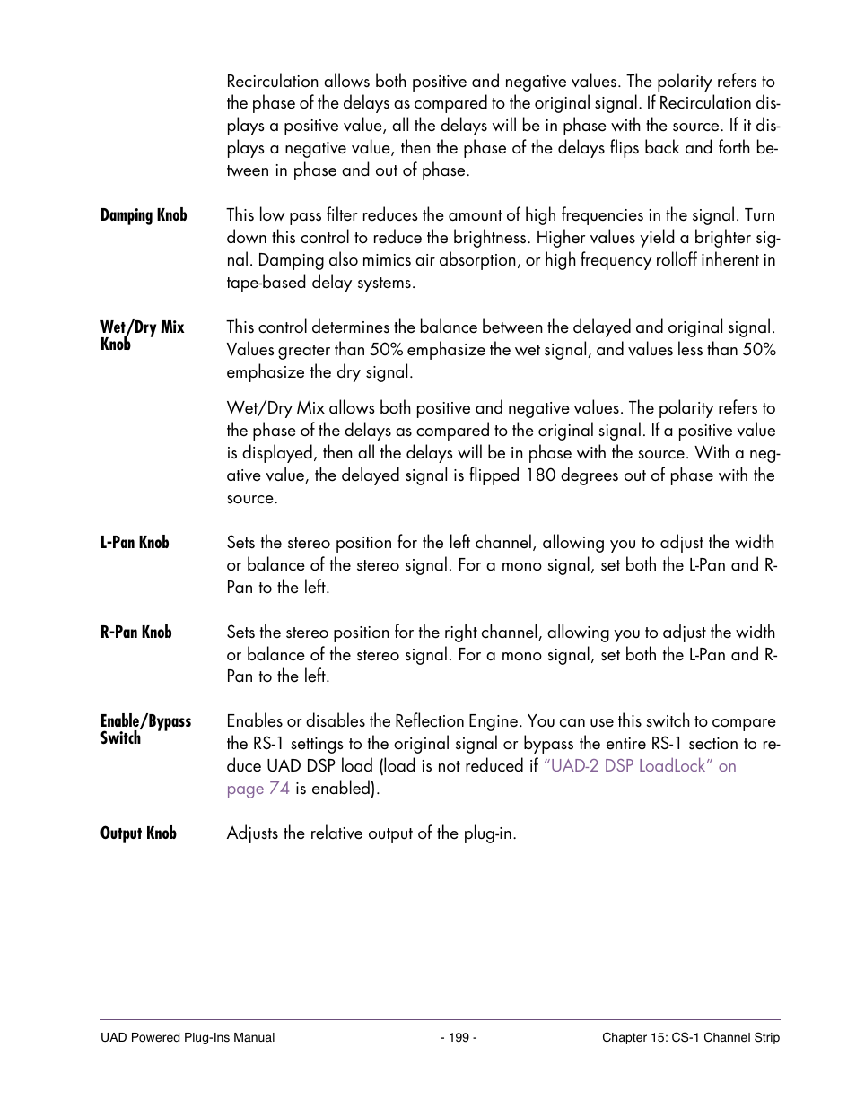 Damping knob, Wet/dry mix knob, L-pan knob | R-pan knob, Enable/bypass switch, Output knob | Universal Audio UAD POWERED PLUG-INS ver.6.1 User Manual | Page 199 / 585