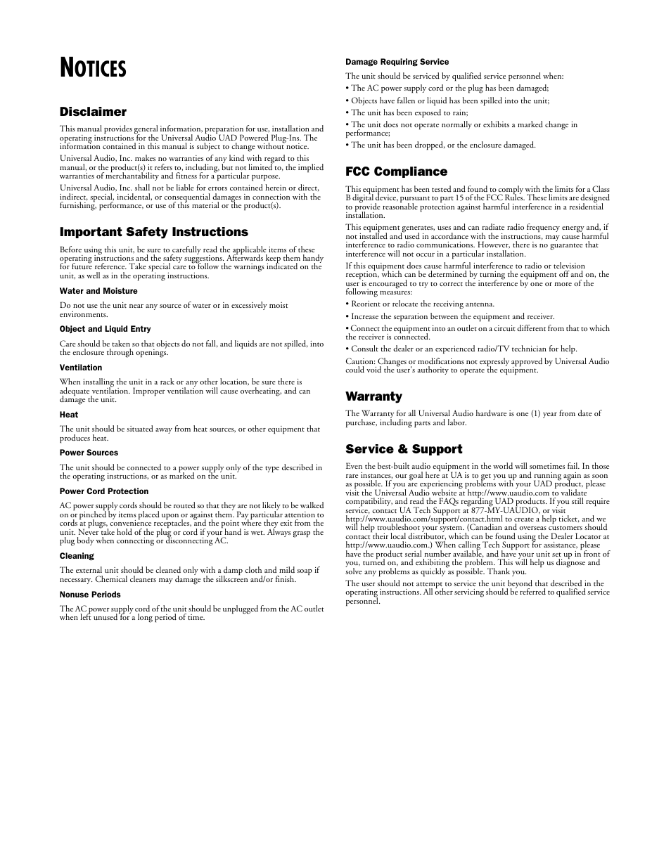 Notices, Otices, Disclaimer | Important safety instructions, Fcc compliance, Warranty, Service & support | Universal Audio UAD POWERED PLUG-INS ver.6.1 User Manual | Page 2 / 585